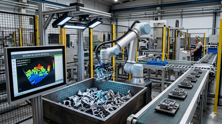Brazo robótico industrial sin marcas realiza bin picking seleccionando piezas metálicas de un contenedor gracias a un sistema de visión artificial industrial con cámaras y software de análisis 3D en una fábrica automatizada.