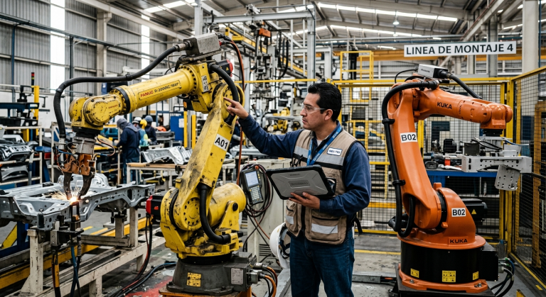 Ingeniero comparando dos robots industriales usados en una planta de fabricación