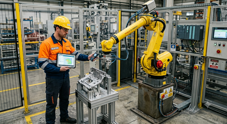 Ingeniero evaluando el alcance de un robot industrial dentro de una celda de automatización