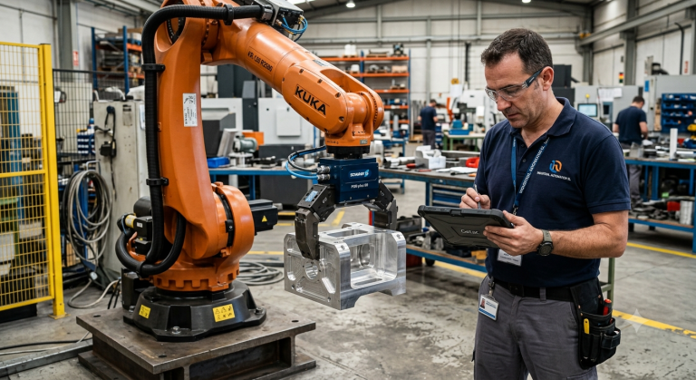 Técnico calculando la carga útil de un robot industrial con pinza y pieza