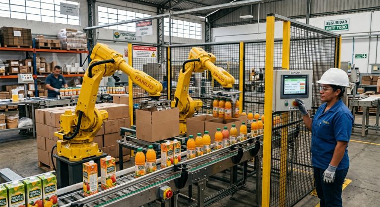 Automatización para PYMES con robot industrial manipulando piezas en una planta de producción