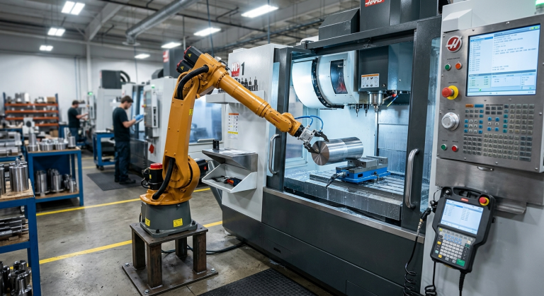 Robot para alimentar máquinas CNC cargando una pieza en un centro de mecanizado