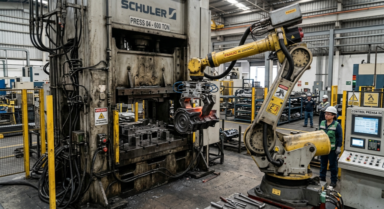 Robot para prensa industrial cargando una pieza metálica en una prensa automatizada