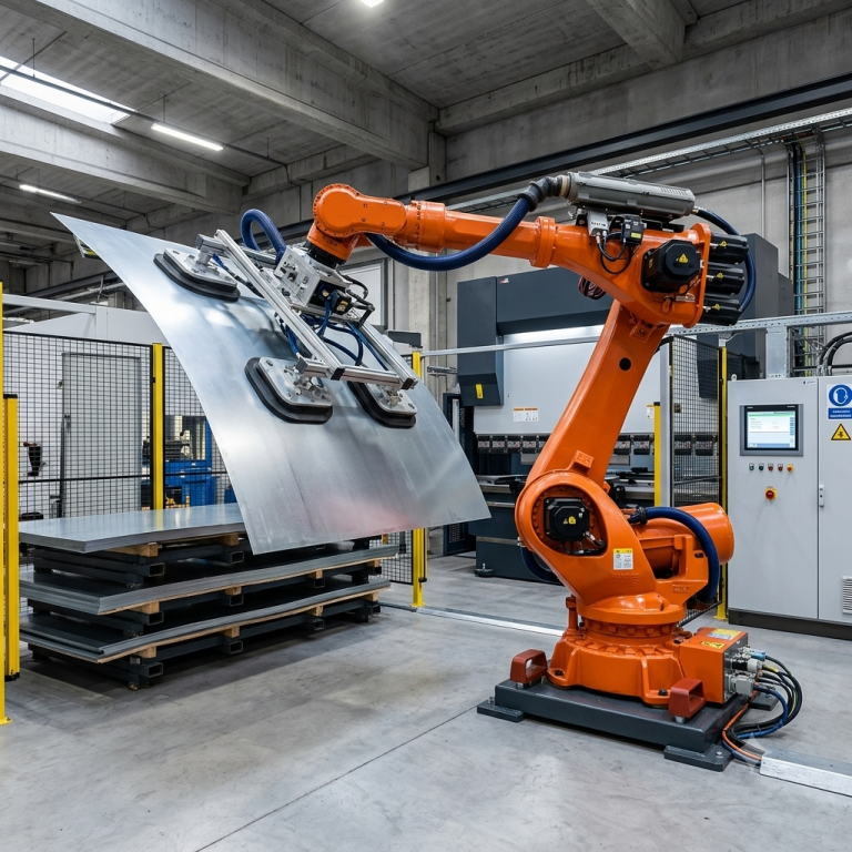 Robot para manipular chapas metálicas grandes equipado con sistema de agarre para mover una chapa en una célula industrial