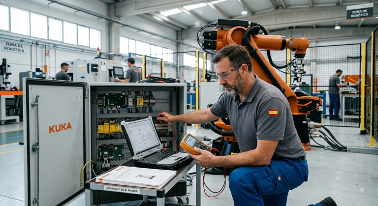 Técnico comprobando la compatibilidad eléctrica de un robot importado en el armario del controlador