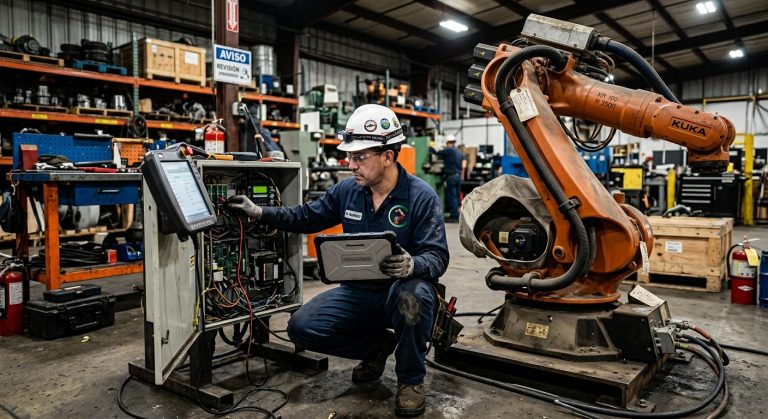 Técnico revisando baterías y componentes de robots industriales inactivos
