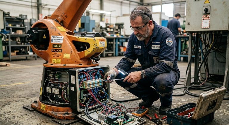 Técnico revisando conexiones antes de energizar un robot usado