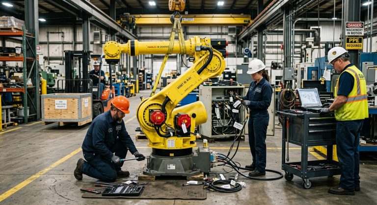 Técnicos preparando el desmontaje para trasladar un robot industrial a otra planta