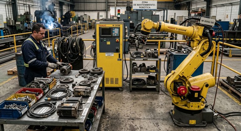 Repuestos para robots industriales usados junto a un controlador y un brazo robótico