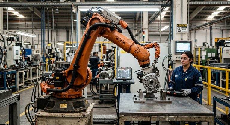 Robot industrial en una posición próxima a una singularidad robótica