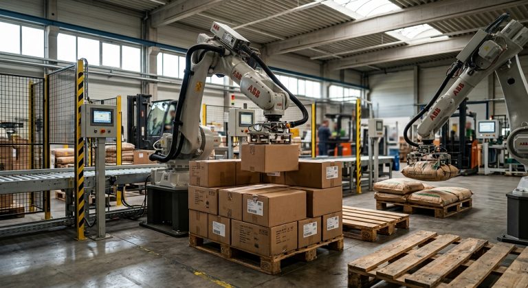 Robots de paletizado colocando cajas y sacos sobre palés en una línea industrial
