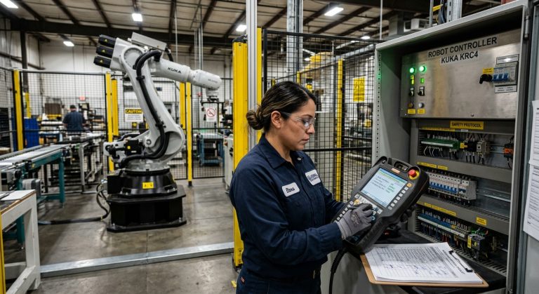 Técnico verificando protocolos industriales de robots en un controlador antes de su integración
