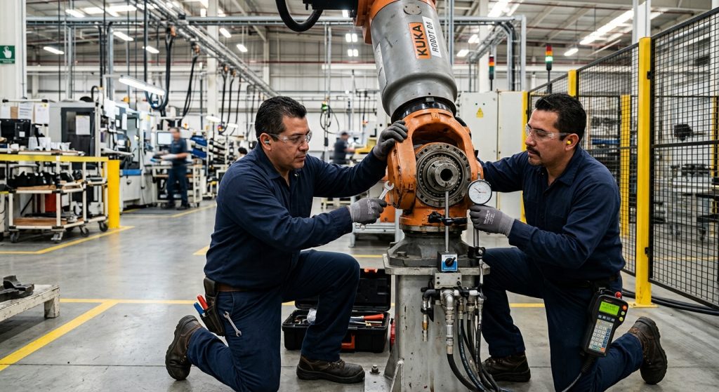 Técnico comprobando holguras mecánicas en los ejes de un robot industrial